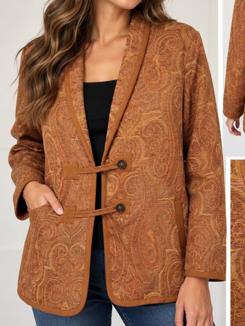 Denim & Co. Blazer Jacket Paisley Patterned Textured Tapestry Large Brown Gold